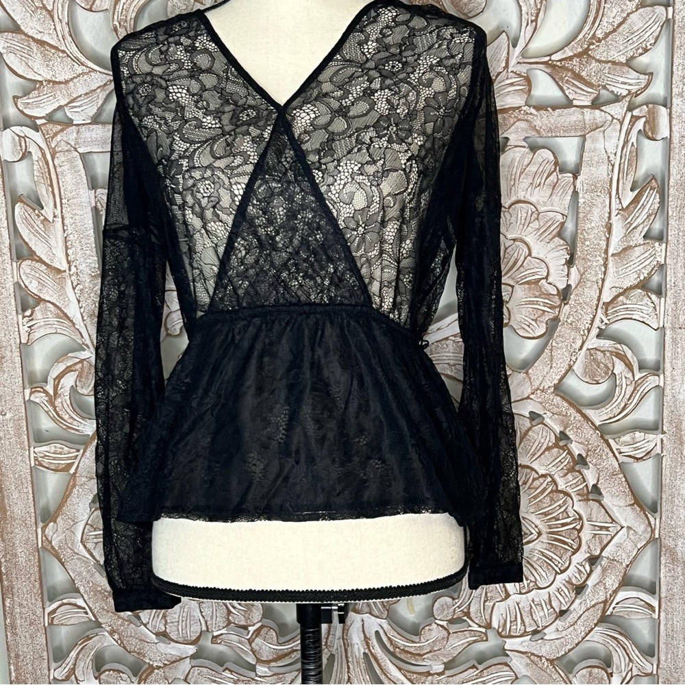 Black Lace Mesh Long Sleeve Sheer Blouse
